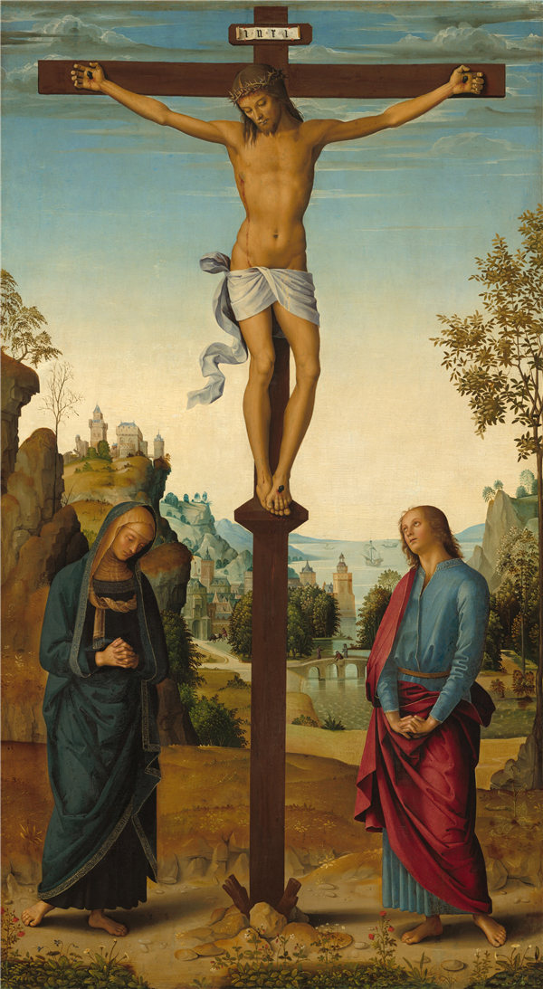 彼得罗·佩鲁吉诺（Pietro Perugino）-与圣母，圣约翰，圣杰罗姆和圣玛丽抹大拉的十字架受难[中间图].作品下载
