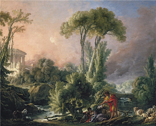 弗朗索瓦·布歇（François Boucher）-河景观与古色古香的寺庙作品下载