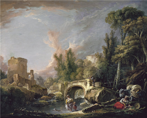 弗朗索瓦·布歇（François Boucher）-河流景观与废墟和桥梁作品下载