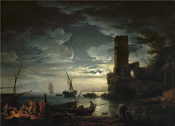 克劳德·约瑟夫·韦内特（Claude-Joseph Vernet）-夜晚：渔民和船只在地中海沿岸的一幕作品下载
