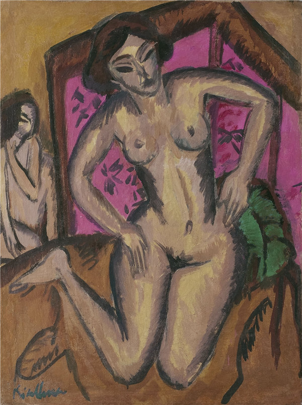 恩斯特·路德维希·基希纳（Ernst Ludwig Kirchner）-跪在红屏前的裸体作品下载