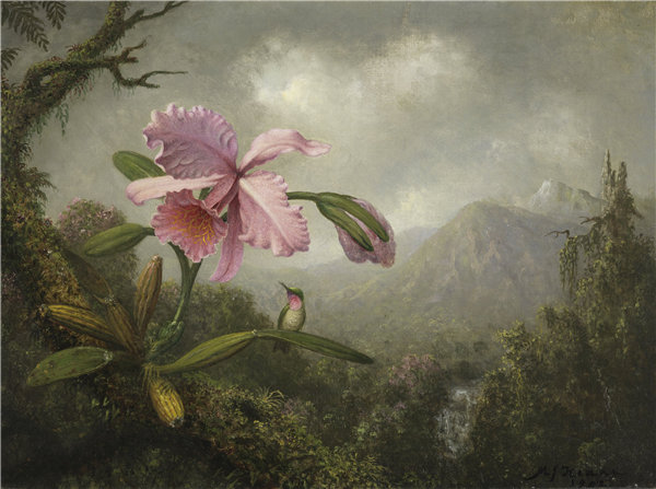 马丁·约翰逊·海德(Martin·Heade)-兰花和蜂鸟在瀑布附近 1902年.zip