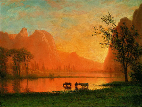 阿尔伯特·比尔施塔特（Albert Bierstadt）-优胜美地的日落 约。1863年油画高清