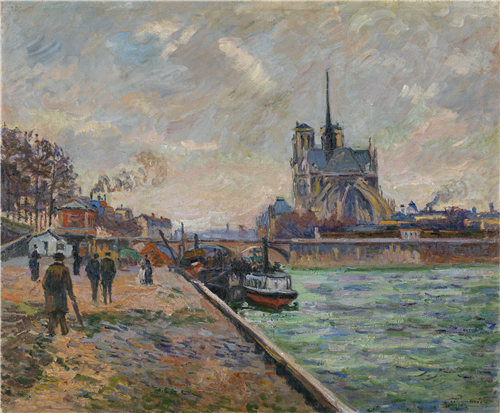 阿尔芒德·基约曼(ArmandGuillaumin)-大主教的桥梁和巴黎圣母院 1880年法国油画高清下载