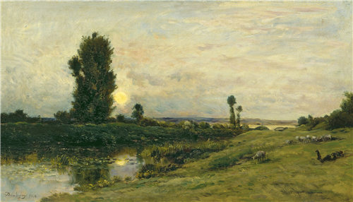 查尔斯·弗朗索瓦·杜比尼（Charles-François Daubigny）-瓦兹河两岸的月出 1874年作品