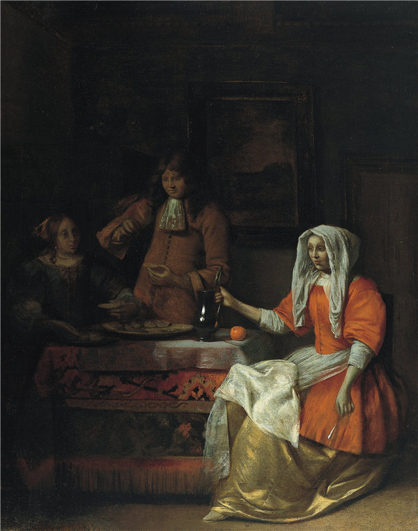 彼得·亨德里克斯（Pieter Hendricksz）-有两个女人和一个吃牡蛎的男人的内饰 1681年油画