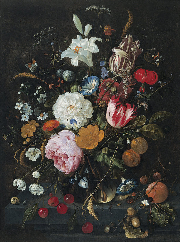 杨·戴维茨·德·希姆(Jan Davidsz. de Heem) 作品-《玻璃花瓶里的花与果实》约1665年油画