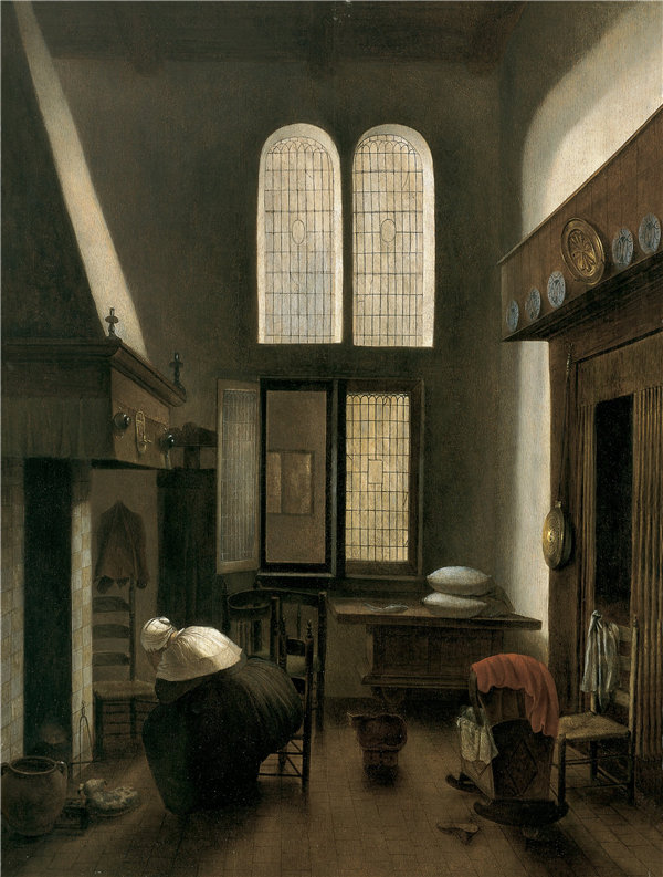 雅各布斯·弗雷尔（Jacobus Vrel）-内政部和一个女人坐在炉边 1654年油画