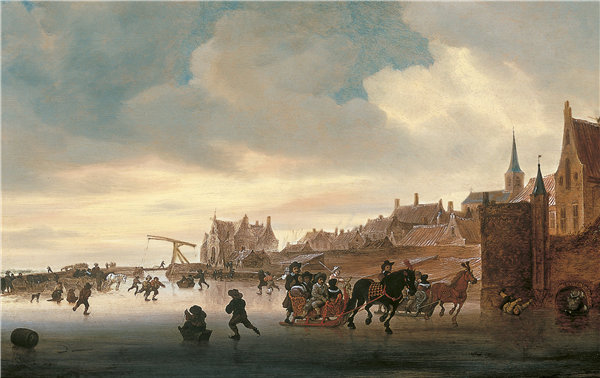 所罗门·雅各布斯（Salomon Jacobsz）-镇前有溜冰者和雪橇的冬季风景1660年油画