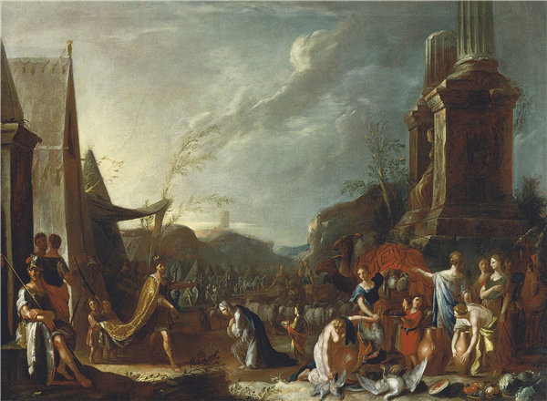 海因里希·舍恩菲尔德（Heinrich Schönfeld）-所罗门与示巴女王 1639年-1648年油画高清