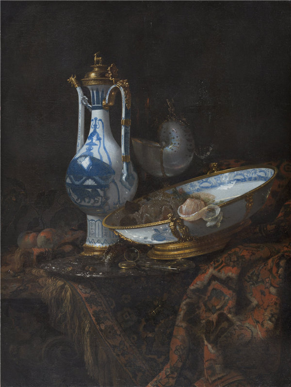 威廉·卡尔夫（Willem Kalf）-静物与壶和盆，水果，鹦鹉螺杯和其他对象 1660年油画