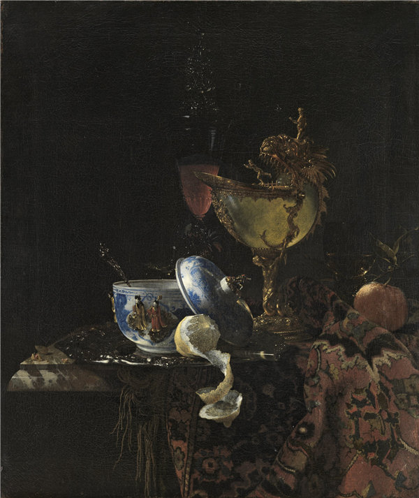威廉·卡尔夫（Willem Kalf）-静物与中国碗，鹦鹉螺杯和其他对象 1662年油画