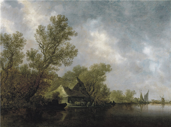 扬·约瑟夫（Jan Josephsz）-河景观与渡船和别墅 1634年油画高清