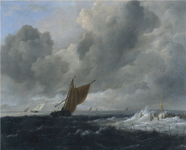 雅各布·伊萨克斯（Jacob Isaacksz）-波涛汹涌的大海，与帆船 1668年油画