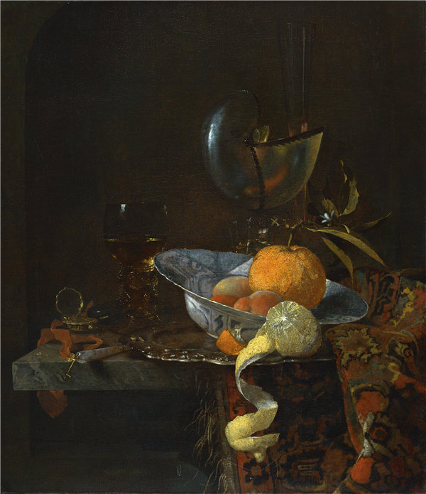 威廉·卡尔夫（Willem Kalf）-静物与瓷器碗和鹦鹉螺杯 1660年油画