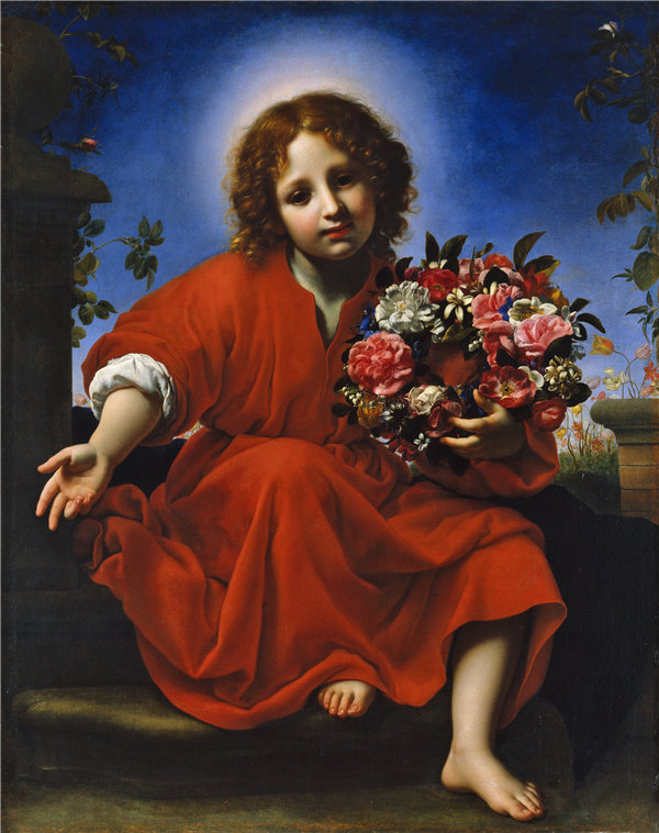 卡洛·多尔奇（Carlo Dolci）-婴儿基督与花环 1663年油画高清下载