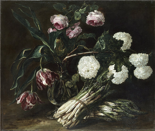 扬·费特（Jan Fyt）-花瓶花和两束芦笋 1650油画高清下载