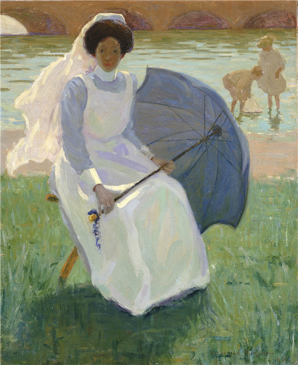 弗雷德里克·弗斯曼（Frederick F.Fursman）-绿色阳伞的女人 1908年油画