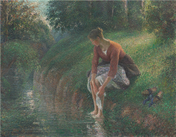 卡米尔·毕沙罗(Camille Pissarro)-女人在布鲁克洗澡,1894年油画高清