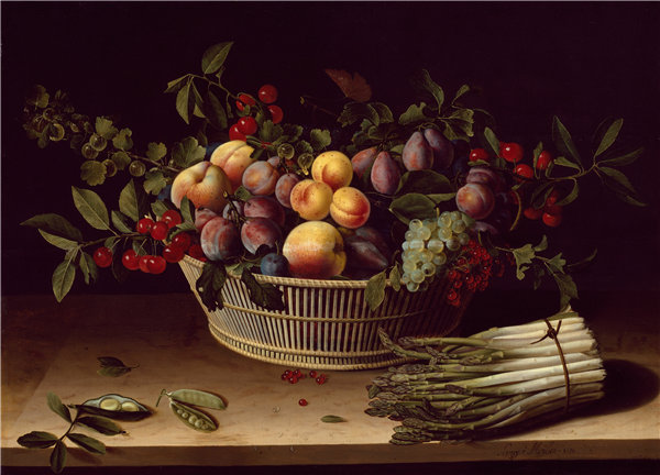 露易丝·莫永（Louise Moillon）-静物与一篮水果和一束芦笋 1630年油画高清