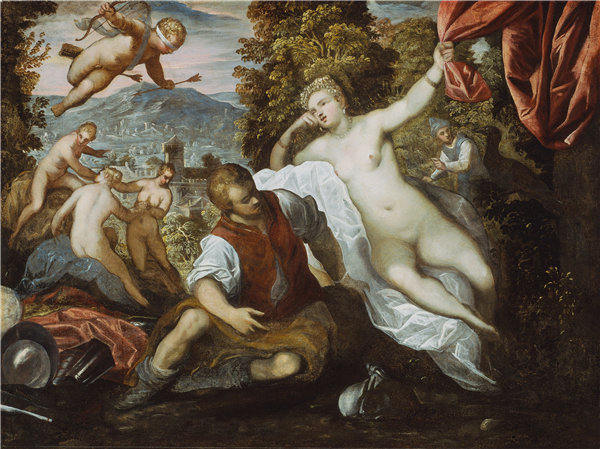 多梅尼科·丁托列托（Domenico Tintoretto）金星和火星与丘比特和景观中的三个恩宠，1590年油画