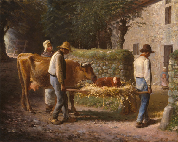 让-弗朗索瓦·米勒（JeanFrançoisMillet）-农民把小牛带回家，在田野里生，1864年油画