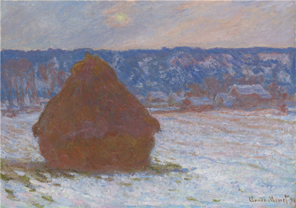 克洛德·莫奈(Claude Monet)-一叠小麦(降雪效果,阴天),1890年油画