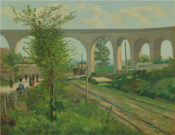 让·巴蒂斯特·阿曼德·纪尧姆（Jean Baptiste Armand Guillaumin）-1874年，在Sceaux铁路道口的Arcueil渡槽法国油画