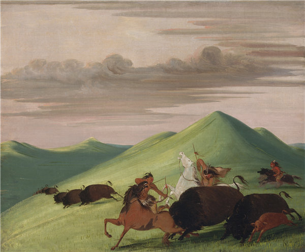乔治·卡特琳(George Catlin)-《保护牛和小牛的公牛》, 1832-1833年油画