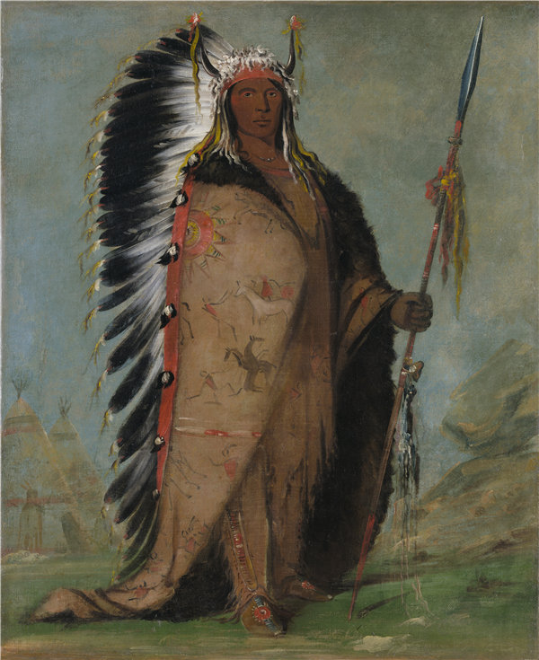 乔治·卡特琳(George Catlin)-黑岩(Black Rock),两个水壶的长官, 1832年油画高清