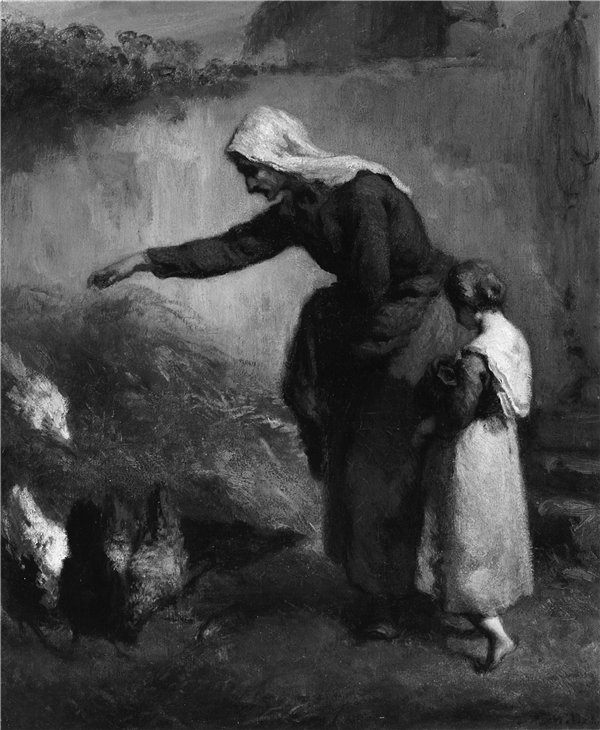 让-弗朗索瓦·米勒（JeanFrançoisMillet）-女人喂鸡，1846年法国油画