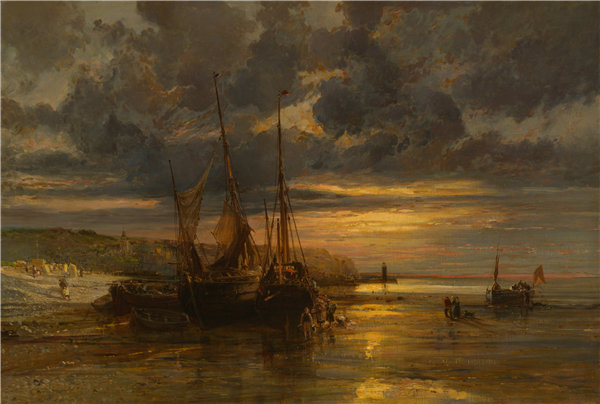 欧仁·伊莎贝（EugèneIsabey）-搁浅的渔船 法国油画高清下载