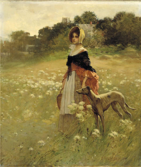 珀西·莫兰（Percy Moran）-《年轻的女孩和狗》， 1890年油画高清