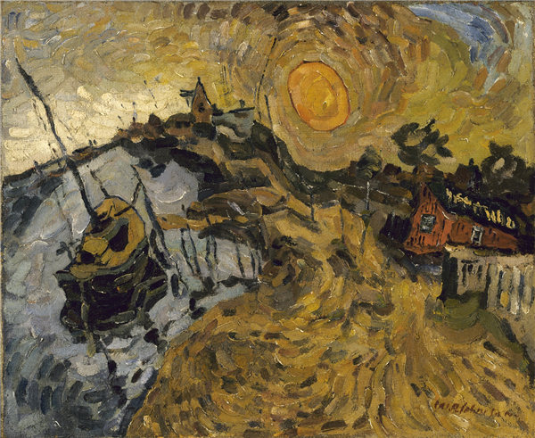 威廉·约翰逊（William H.Johnson），太阳落山，丹麦 1930年油画高清下载