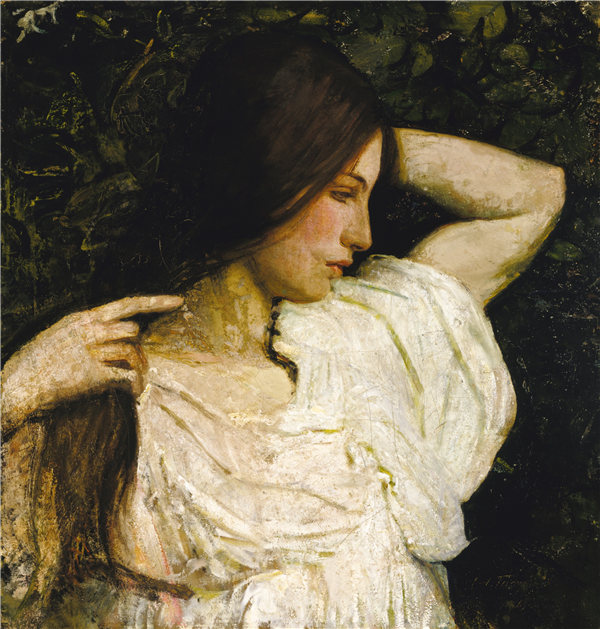 雅培·汉德森·塞耶（Abbott Handerson Thayer），《梳头的女孩》， 1918-1919年油画