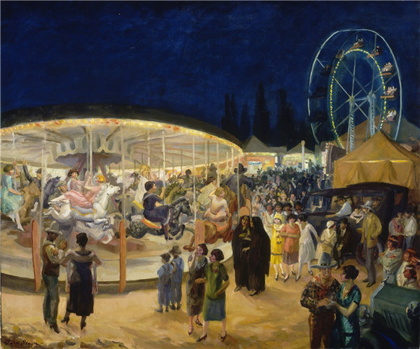 约翰·斯隆（John Sloan）-旅行狂欢节，圣达菲， 1924年油画高清下载