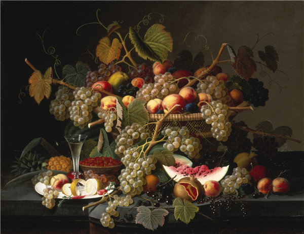 塞弗林·罗森（Severin Roesen）-《水果静物》  1852年油画高清下载