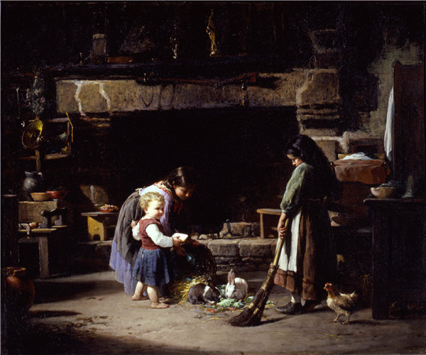 威廉·亨利·利平科特（William Henry Lippincott）-《农场内部：布列塔尼儿童喂兔子》  1878年油画