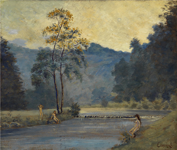 路易斯·艾尔西缪斯（Louis M. Eilshemius）-《三个女孩与河》 1907年油画