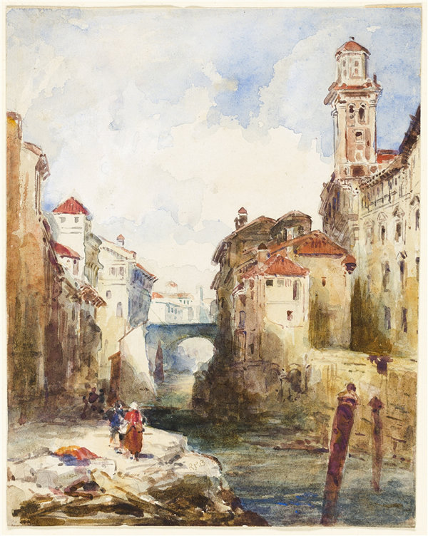 理查德·帕克斯·波宁顿(Richard Parkes Bonington)-法国小镇,建筑物和河流,1821年英国作品