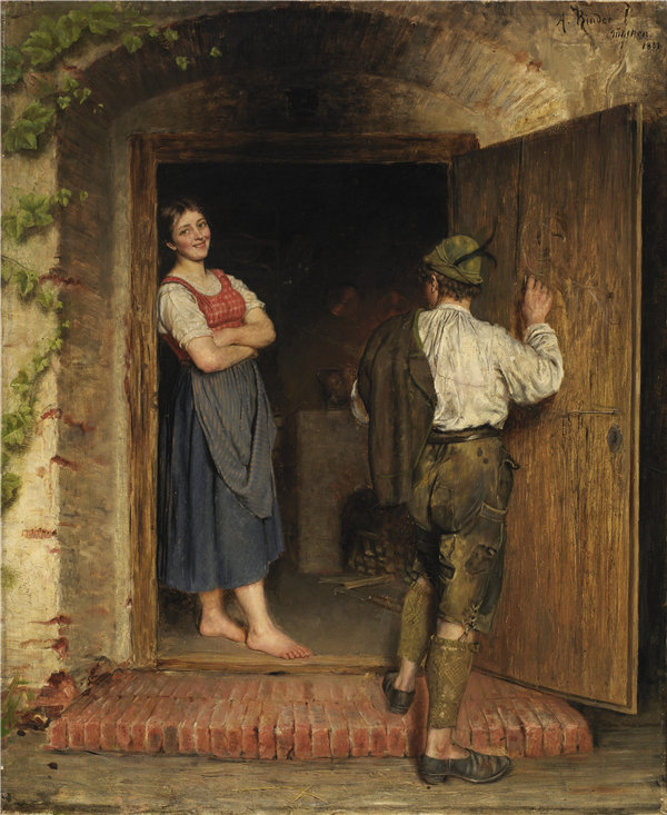 A.金德或林德（A. Kinder或Rinder）-《在门上绘画》， 1887年油画高清