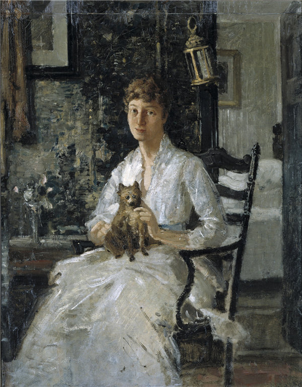 J.奥尔登·威尔（J. Alden Weir）-《带着狗的女士的画像》（安娜·贝克·威尔） 1890年油画