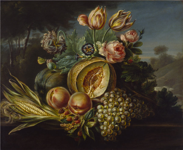 科尼利厄斯·德·甜菜（Cornelius de Beet）-《水果和花朵静物》， 1824年油画