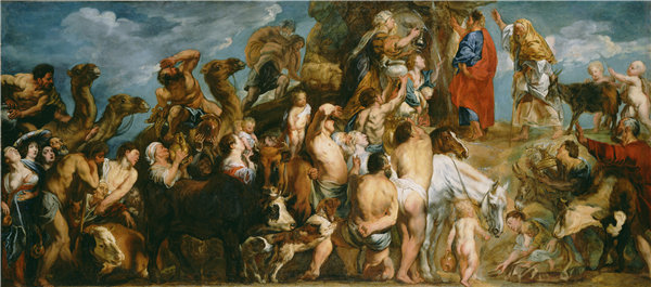 雅各布·乔丹斯（Jacob Jordaens）-摩西从岩石中撞击水 1650年油画