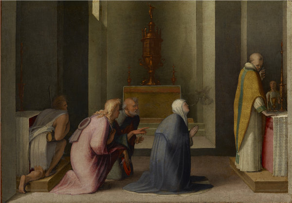 多梅尼科.贝卡富米（Domenico Beccafumi）-锡耶纳圣凯瑟琳奇迹般的圣餐，意大利，约1513年至1515年油画