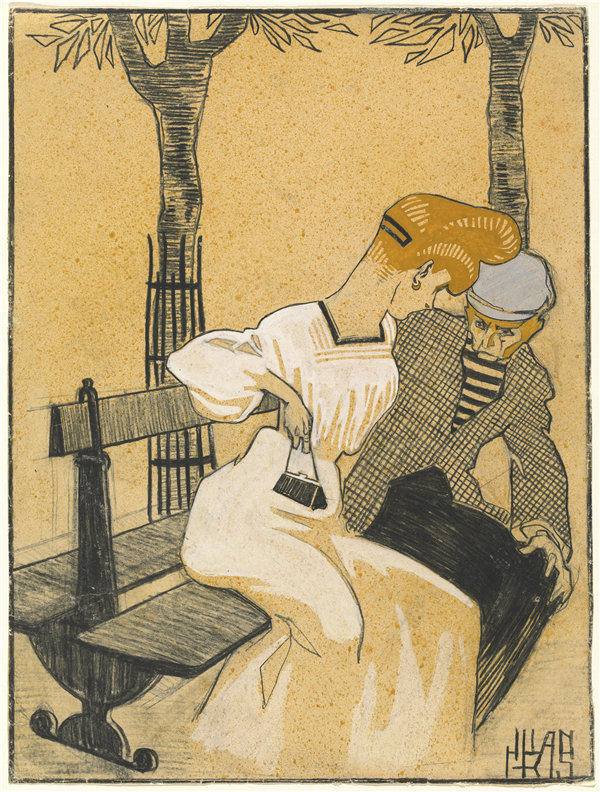 胡安·格里斯(JUAN GRIS)-男人和女人在长凳上 1908年高清油画