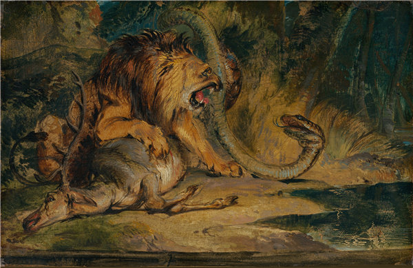 埃德温·兰西尔爵士（Edwin Landseer）-狮子捍卫猎物 1840年油画