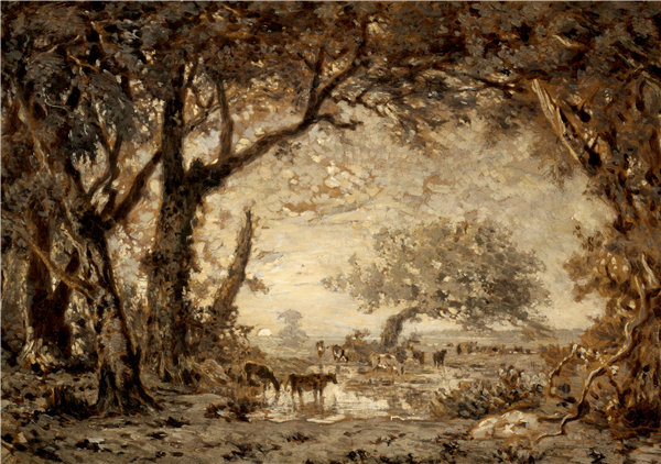 蒂奥多·卢梭（ThéodoreRousseau）-枫丹白露森林的日落 1848年作品