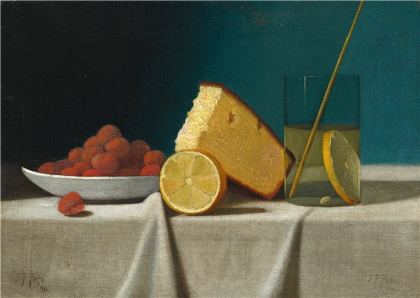 约翰·弗雷德里克·佩托（John Frederick Peto）-静物与蛋糕，柠檬，草莓和玻璃 1890年油画