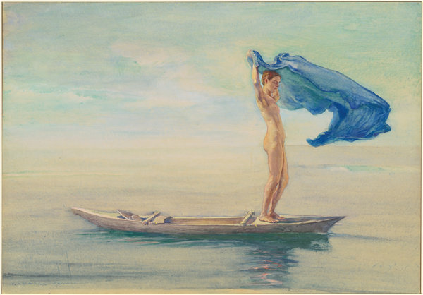 约翰·拉法格（John La Farge）–萨摩亚，独木舟蝴蝶结的女孩传播她的腰布帆 1895-1896年油画